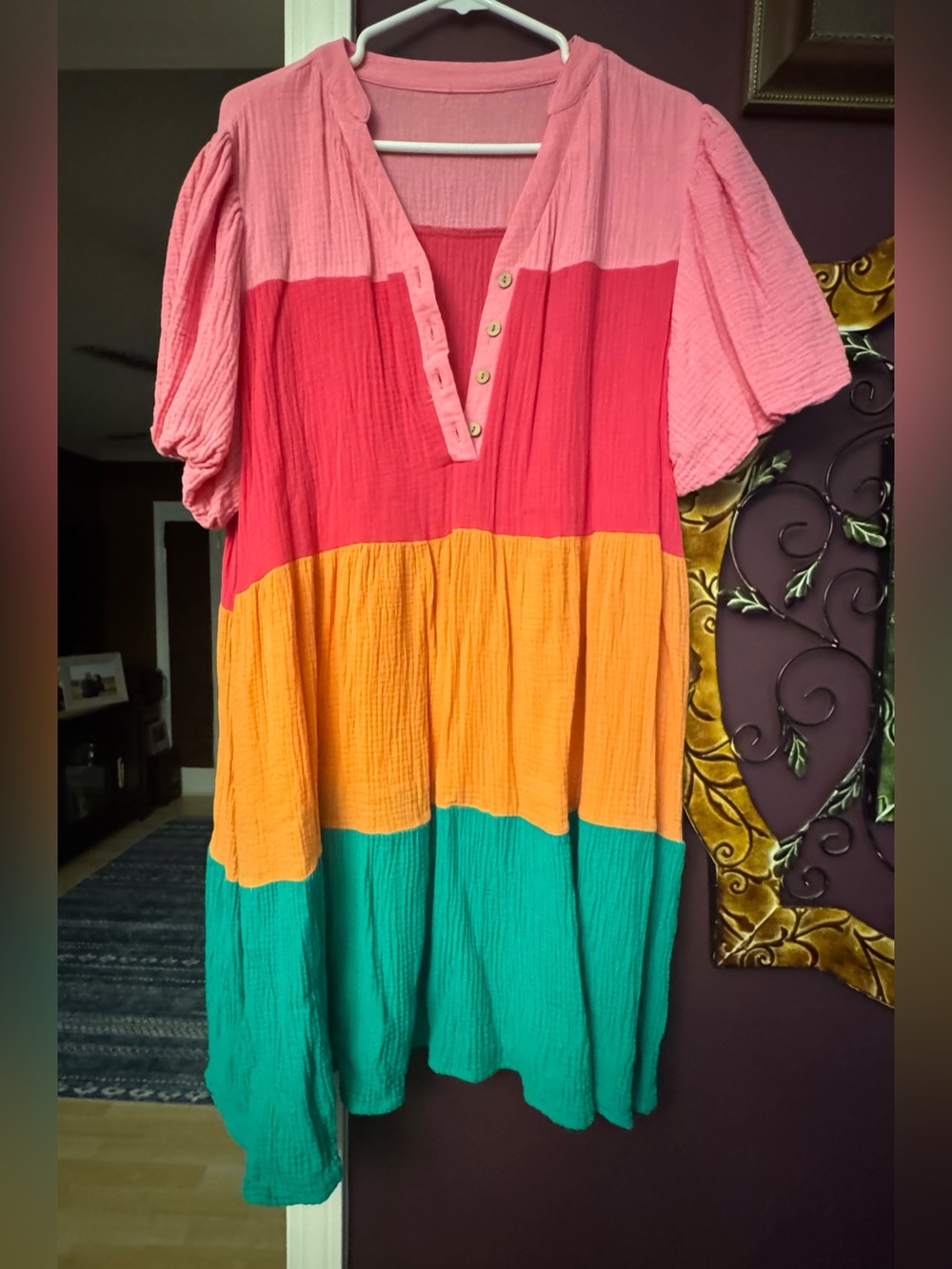 Colorblock Tiered Tunic Dress in Pink, Red, Yellow & Teal